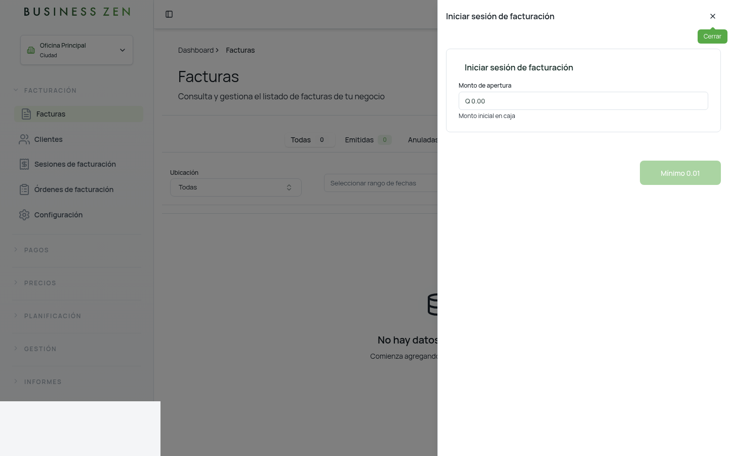 Panel Iniciar sesión de facturación con monto en cero