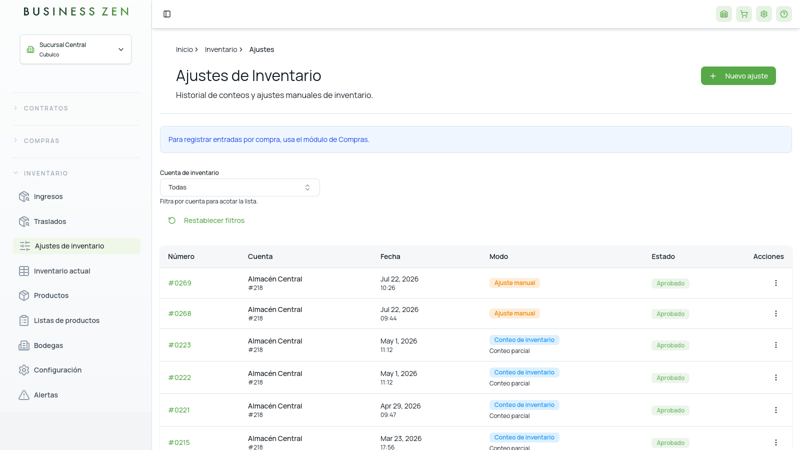 Pantalla de Ajustes de Inventario