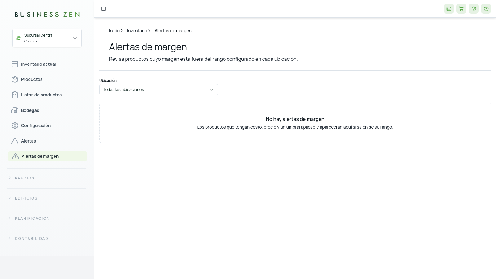 Pantalla Alertas de margen