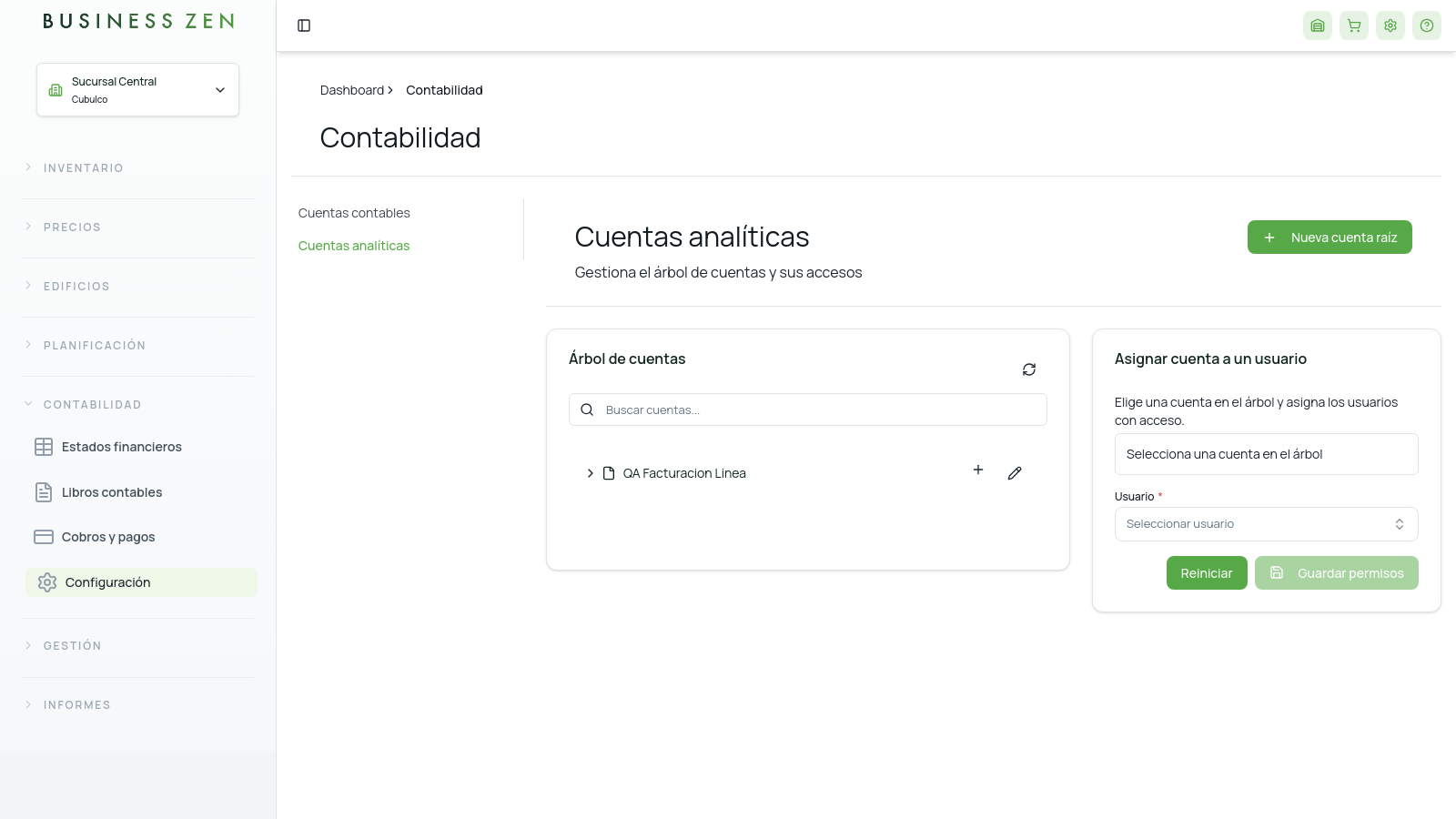 Pantalla Cuentas analíticas