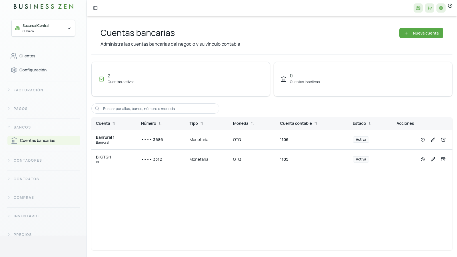 Pantalla Cuentas bancarias