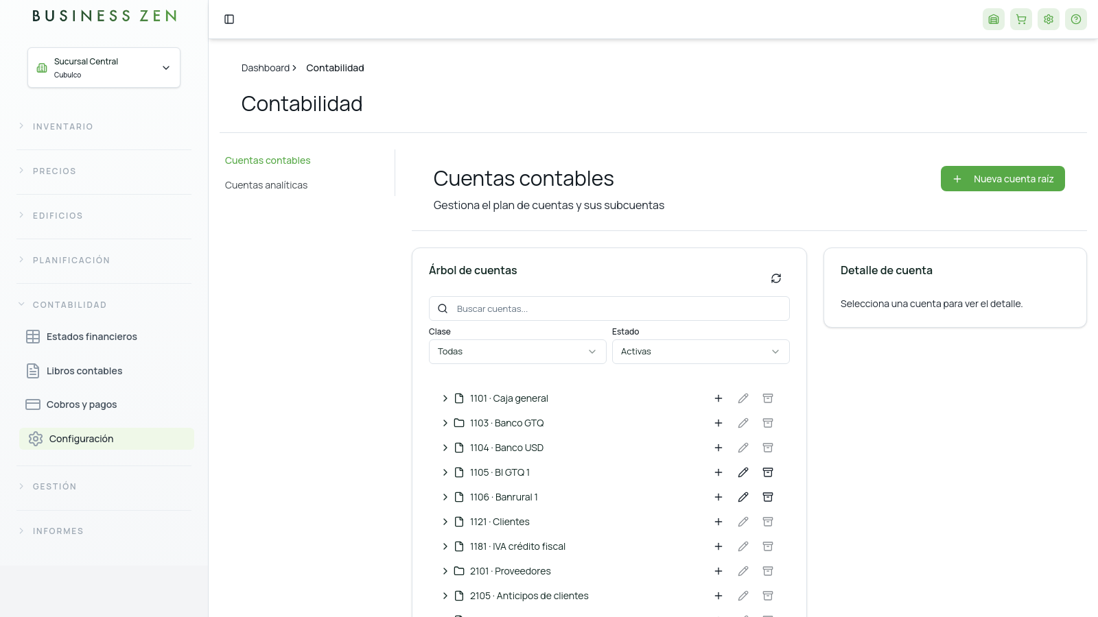 Pantalla Cuentas contables