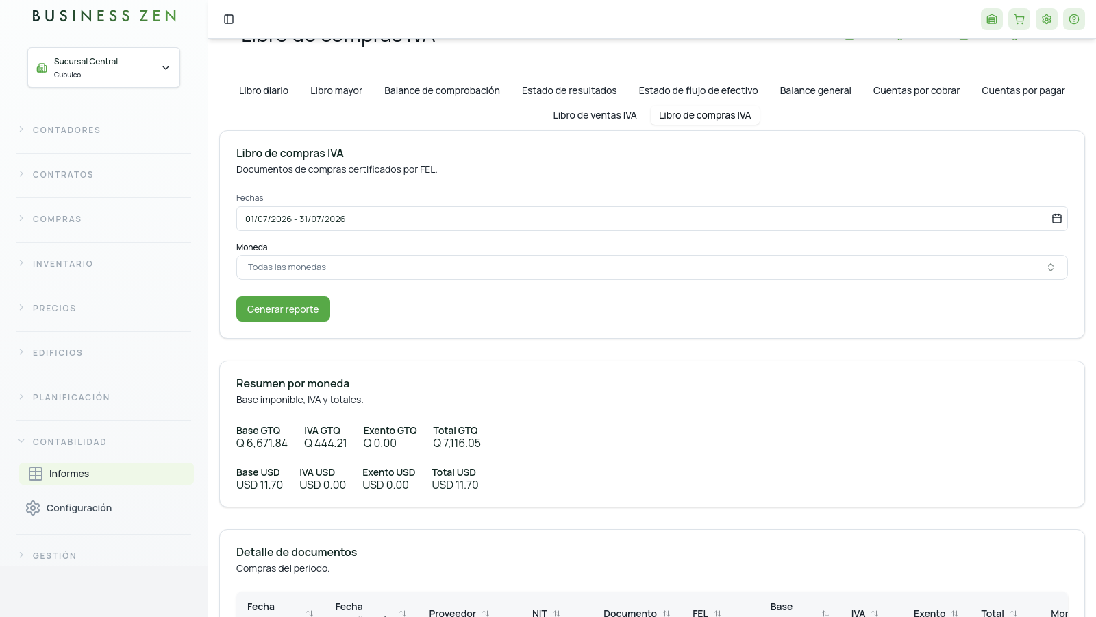 Filtros del Libro de compras IVA