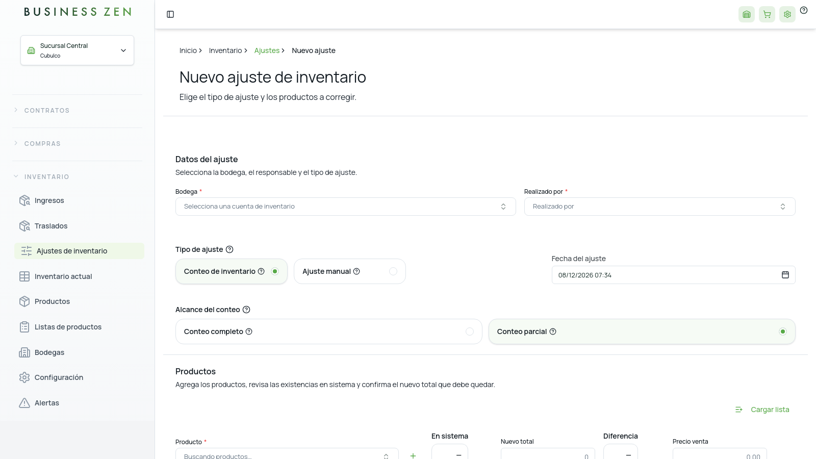 Nuevo ajuste de inventario