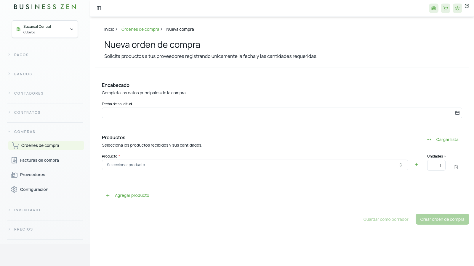 Formulario Nueva orden de compra