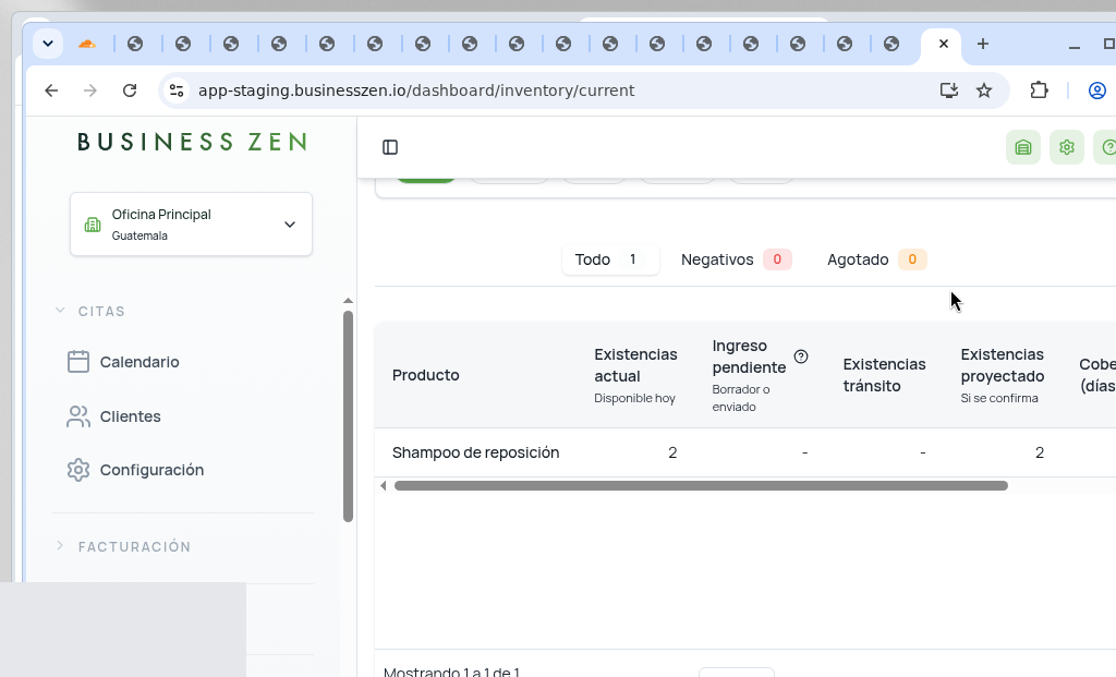 Inventario después de confirmar